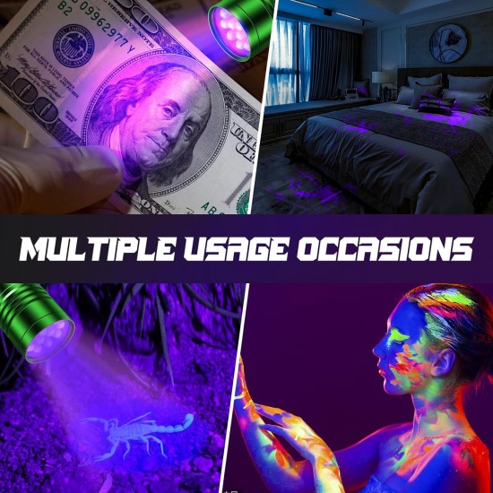 UV Torch Pack of 2 Mini UV Black Light Torch with 12 LEDs, Ultraviolet Light with 395 nm for Geocaching, Pet Urine Detectors, Pets Urine Detector etc. Includes 6 AAA Batteries UV Torch Pack of 2 Mini UV Black Light Torch with 12 LEDs, Ultraviolet Light with 395 nm for Geocaching, Pet Urine Detectors, Pets Urine Detector etc. Includes 6 AAA Batteries