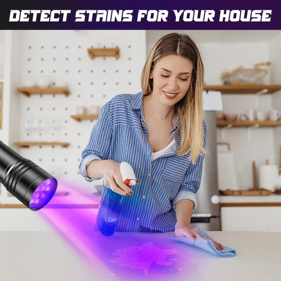 UV Torch Pack of 2 Mini UV Black Light Torch with 12 LEDs, Ultraviolet Light with 395 nm for Geocaching, Pet Urine Detectors, Pets Urine Detector etc. Includes 6 AAA Batteries UV Torch Pack of 2 Mini UV Black Light Torch with 12 LEDs, Ultraviolet Light with 395 nm for Geocaching, Pet Urine Detectors, Pets Urine Detector etc. Includes 6 AAA Batteries