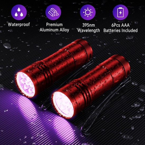 UV Torch Pack of 2 Mini UV Black Light Torch with 12 LEDs, Ultraviolet Light with 395 nm for Geocaching, Pet Urine Detectors, Pets Urine Detector etc. Includes 6 AAA Batteries UV Torch Pack of 2 Mini UV Black Light Torch with 12 LEDs, Ultraviolet Light with 395 nm for Geocaching, Pet Urine Detectors, Pets Urine Detector etc. Includes 6 AAA Batteries