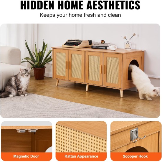 VEVOR Cat Cabinet, Cat Litter Box Cabinet Hidden with Double Spaces, Wooden Cat Litter Box Cabinet, Fits Most Litter Trays, 1.19 m L x 0.46 m W x 0.5 m H, White VEVOR Cat Cabinet, Cat Litter Box Cabinet Hidden with Double Spaces, Wooden Cat Litter Box Cabinet, Fits Most Litter Trays, 1.19 m L x 0.46 m W x 0.5 m H, White