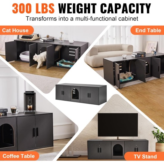 VEVOR Cat Cabinet, Cat Litter Box Cabinet Hidden with Double Spaces, Wooden Cat Litter Box Cabinet, Fits Most Litter Trays, 1.19 m L x 0.46 m W x 0.5 m H, White VEVOR Cat Cabinet, Cat Litter Box Cabinet Hidden with Double Spaces, Wooden Cat Litter Box Cabinet, Fits Most Litter Trays, 1.19 m L x 0.46 m W x 0.5 m H, White