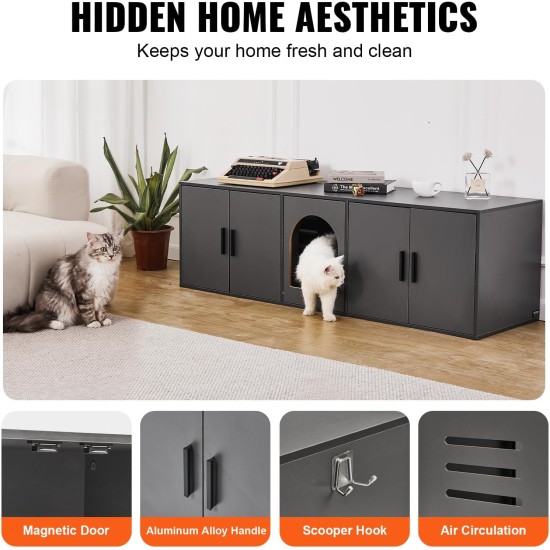 VEVOR Cat Cabinet, Cat Litter Box Cabinet Hidden with Double Spaces, Wooden Cat Litter Box Cabinet, Fits Most Litter Trays, 1.19 m L x 0.46 m W x 0.5 m H, White VEVOR Cat Cabinet, Cat Litter Box Cabinet Hidden with Double Spaces, Wooden Cat Litter Box Cabinet, Fits Most Litter Trays, 1.19 m L x 0.46 m W x 0.5 m H, White