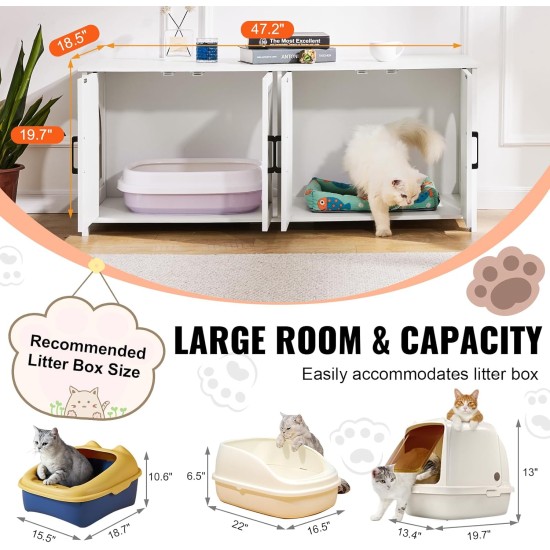 VEVOR Cat Cabinet, Cat Litter Box Cabinet Hidden with Double Spaces, Wooden Cat Litter Box Cabinet, Fits Most Litter Trays, 1.19 m L x 0.46 m W x 0.5 m H, White VEVOR Cat Cabinet, Cat Litter Box Cabinet Hidden with Double Spaces, Wooden Cat Litter Box Cabinet, Fits Most Litter Trays, 1.19 m L x 0.46 m W x 0.5 m H, White