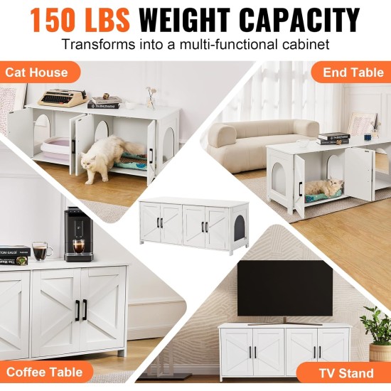 VEVOR Cat Cabinet, Cat Litter Box Cabinet Hidden with Double Spaces, Wooden Cat Litter Box Cabinet, Fits Most Litter Trays, 1.19 m L x 0.46 m W x 0.5 m H, White VEVOR Cat Cabinet, Cat Litter Box Cabinet Hidden with Double Spaces, Wooden Cat Litter Box Cabinet, Fits Most Litter Trays, 1.19 m L x 0.46 m W x 0.5 m H, White