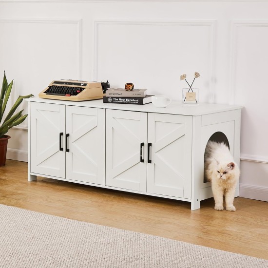 VEVOR Cat Cabinet, Cat Litter Box Cabinet Hidden with Double Spaces, Wooden Cat Litter Box Cabinet, Fits Most Litter Trays, 1.19 m L x 0.46 m W x 0.5 m H, White VEVOR Cat Cabinet, Cat Litter Box Cabinet Hidden with Double Spaces, Wooden Cat Litter Box Cabinet, Fits Most Litter Trays, 1.19 m L x 0.46 m W x 0.5 m H, White