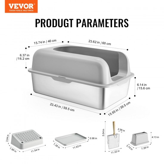 VEVOR Cat Litter Tray, 6 Inch Deep, XL Extra Large Stainless Steel Cat Litter Tray with Scoop, Wide Filter Base and High Sides, Closed, Odourless, Easy to Clean Cat Litter Tray VEVOR Cat Litter Tray, 6 Inch Deep, XL Extra Large Stainless Steel Cat Litter Tray with Scoop, Wide Filter Base and High Sides, Closed, Odourless, Easy to Clean Cat Litter Tray