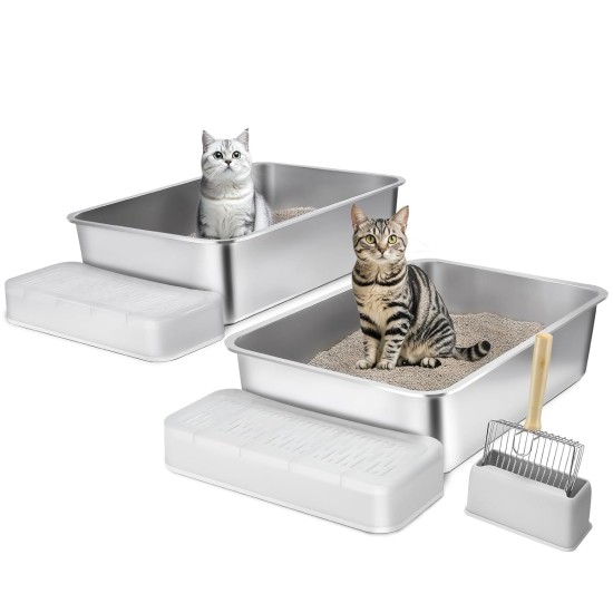 VEVOR Cat Litter Tray Set of 2, 600 x 400 x 150 mm, XL Extra Large Stainless Steel Cat Litter Tray with Scoop, Wide Filter Base & High Rim, Odour Free Odour Free Tray for Large Cats VEVOR Cat Litter Tray Set of 2, 600 x 400 x 150 mm, XL Extra Large Stainless Steel Cat Litter Tray with Scoop, Wide Filter Base & High Rim, Odour Free Odour Free Tray for Large Cats