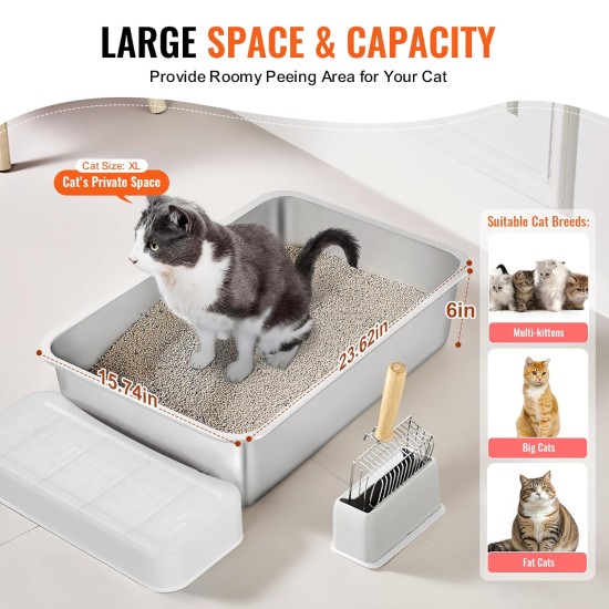 VEVOR Cat Litter Tray Set of 2, 600 x 400 x 150 mm, XL Extra Large Stainless Steel Cat Litter Tray with Scoop, Wide Filter Base & High Rim, Odour Free Odour Free Tray for Large Cats VEVOR Cat Litter Tray Set of 2, 600 x 400 x 150 mm, XL Extra Large Stainless Steel Cat Litter Tray with Scoop, Wide Filter Base & High Rim, Odour Free Odour Free Tray for Large Cats