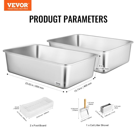 VEVOR Cat Litter Tray Set of 2, 600 x 400 x 150 mm, XL Extra Large Stainless Steel Cat Litter Tray with Scoop, Wide Filter Base & High Rim, Odour Free Odour Free Tray for Large Cats VEVOR Cat Litter Tray Set of 2, 600 x 400 x 150 mm, XL Extra Large Stainless Steel Cat Litter Tray with Scoop, Wide Filter Base & High Rim, Odour Free Odour Free Tray for Large Cats