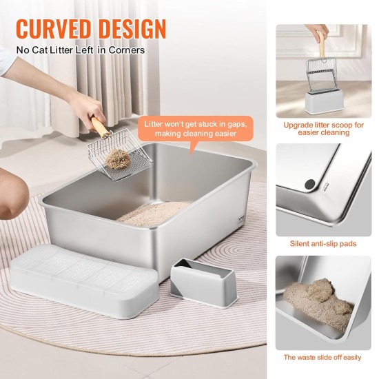 VEVOR Cat Litter Tray Set of 3, 600 x 400 x 200 mm, XL Extra Large Stainless Steel Cat Litter Tray with Scoop, Wide Filter Base & High Rim, Odour Free Odor Free Tray for Large Cats VEVOR Cat Litter Tray Set of 3, 600 x 400 x 200 mm, XL Extra Large Stainless Steel Cat Litter Tray with Scoop, Wide Filter Base & High Rim, Odour Free Odor Free Tray for Large Cats