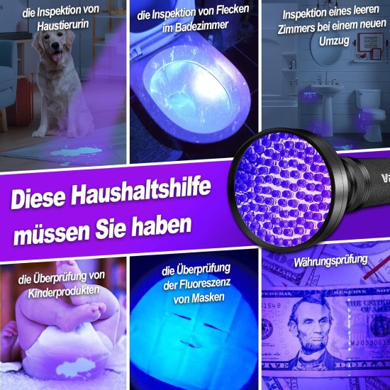 Vansky UV Lamp Black Light Lamp Black Light Ultraviolet 100 UV LED Torch 395 nm Blue Light Dry Cats Dog Pets Urine Detectors UV Light, Batteries Not Included Vansky UV Lamp Black Light Lamp Black Light Ultraviolet 100 UV LED Torch 395 nm Blue Light Dry Cats Dog Pets Urine Detectors UV Light, Batteries Not Included