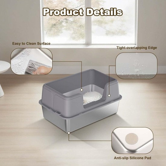Zstar Katzentoilette Edelstahl, Extra Große Katzentoiletten mit Hohen Seitenwänden, Abnehmbarer Leicht zu Reinigen mit Deckel Katzenklo für Katzen,50x35x28cm,Grau Zstar Katzentoilette Edelstahl, Extra Große Katzentoiletten mit Hohen Seitenwänden, Abnehmbarer Leicht zu Reinigen mit Deckel Katzenklo für Katzen,50x35x28cm,Grau