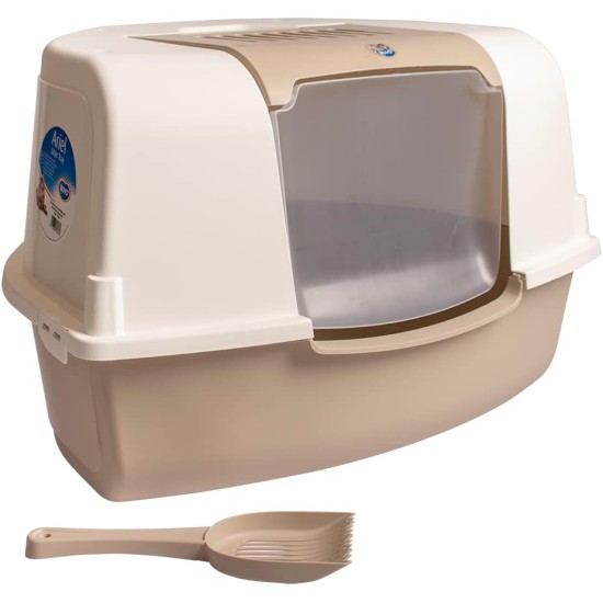 duvoplus, Ariel Corner Toilet for Cats, 58 x 47 x 38 cm, Mocaccino, with Ventilation Grille, with Transparent Swivel Flap, Modern Plastic Cat Litter Tray, Hygienic - Washable
