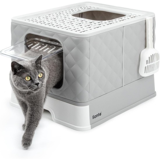 lionto Cat Litter Tray with Drawer & Shovel, 50.5 x 40.8 x 37 cm, Cat Litter Tray with 2 Outlets & Leak-Proof Base, for Cats up to 15 kg, Foldable, Durable PP Material, White/Grey lionto Cat Litter Tray with Drawer & Shovel, 50.5 x 40.8 x 37 cm, Cat Litter Tray with 2 Outlets & Leak-Proof Base, for Cats up to 15 kg, Foldable, Durable PP Material, White/Grey