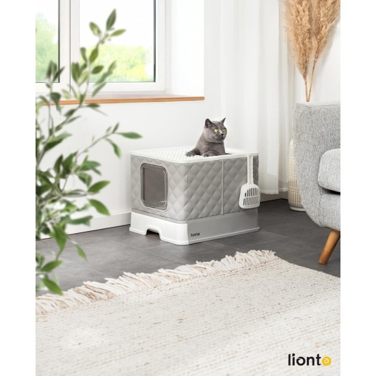 lionto Cat Litter Tray with Drawer & Shovel, 50.5 x 40.8 x 37 cm, Cat Litter Tray with 2 Outlets & Leak-Proof Base, for Cats up to 15 kg, Foldable, Durable PP Material, White/Grey lionto Cat Litter Tray with Drawer & Shovel, 50.5 x 40.8 x 37 cm, Cat Litter Tray with 2 Outlets & Leak-Proof Base, for Cats up to 15 kg, Foldable, Durable PP Material, White/Grey