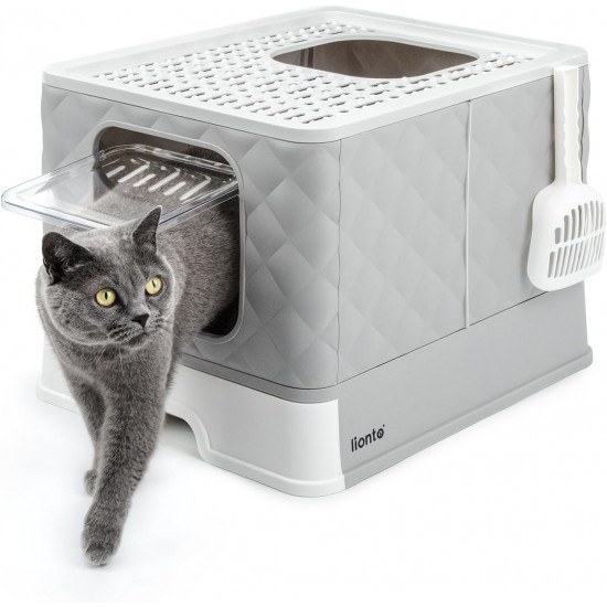 lionto Cat Litter Tray with Drawer & Shovel, 50.5 x 40.8 x 37 cm, Cat Litter Tray with 2 Outlets & Leak-Proof Base, for Cats up to 15 kg, Foldable, Durable PP Material, White/Grey