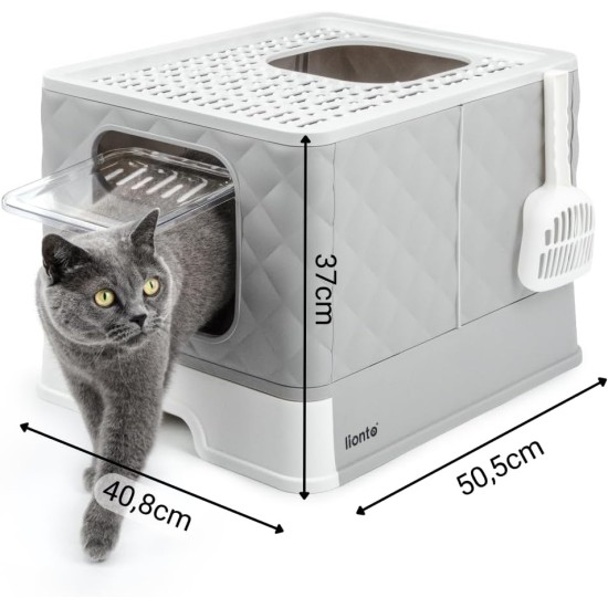 lionto Cat Litter Tray with Drawer & Shovel, 50.5 x 40.8 x 37 cm, Cat Litter Tray with 2 Outlets & Leak-Proof Base, for Cats up to 15 kg, Foldable, Durable PP Material, White/Grey lionto Cat Litter Tray with Drawer & Shovel, 50.5 x 40.8 x 37 cm, Cat Litter Tray with 2 Outlets & Leak-Proof Base, for Cats up to 15 kg, Foldable, Durable PP Material, White/Grey