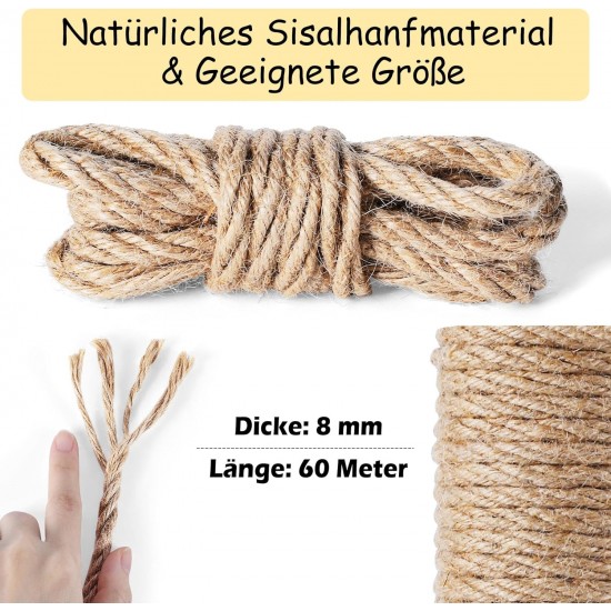 100 m Sisal Rope for Scratching Post 8 mm, Natural Sisal Rope for Cats, Scratching Rope, Household, Garden, DIY, Decoration, Cord for Replacement 100 m Sisal Rope for Scratching Post 8 mm, Natural Sisal Rope for Cats, Scratching Rope, Household, Garden, DIY, Decoration, Cord for Replacement