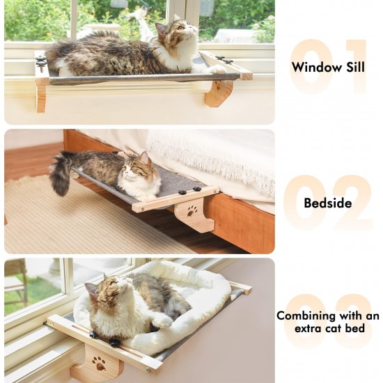 AMOSIJOY Cat Window Lounger, Sturdy Cat Hammock with Wooden and Metal Frame for Large Cats, Easily Adjustable Cat Bed for Windowsill, Bed Side, Drawer and Cabinet AMOSIJOY Cat Window Lounger, Sturdy Cat Hammock with Wooden and Metal Frame for Large Cats, Easily Adjustable Cat Bed for Windowsill, Bed Side, Drawer and Cabinet