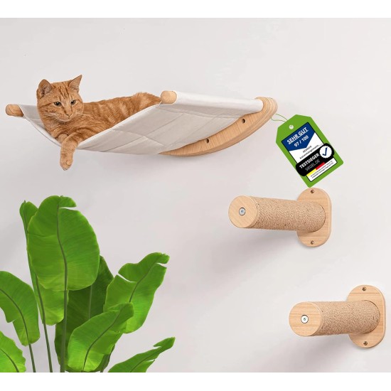 AZANO® Climbing Wall Cats Cat Hammock XL [Extra Stable and Large] with Cat Stairs for the Wall | Cat Ladder with Sleeping Area | Cat Bed for Climbing Made of Natural Wood | 3 Pieces