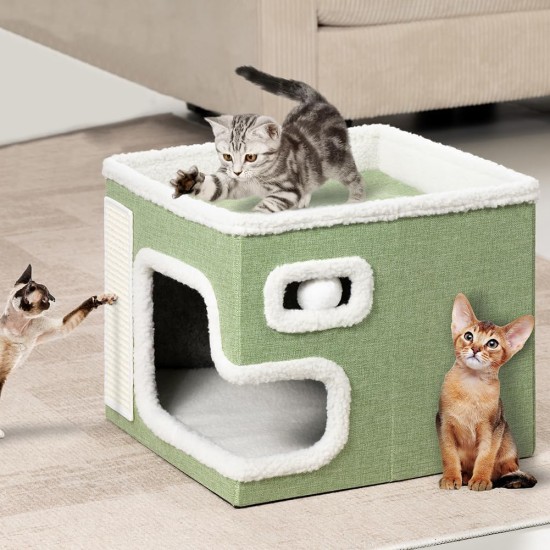 BAKAJI Foldable Cat House with Large Entrance, House for Pets, Cat Scratching Post Made of Warm and Padded Polyester, Non-Slip Base, 42 x 42 x 33 cm (Green) BAKAJI Foldable Cat House with Large Entrance, House for Pets, Cat Scratching Post Made of Warm and Padded Polyester, Non-Slip Base, 42 x 42 x 33 cm (Green)