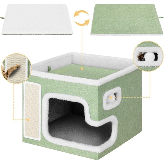 BAKAJI Foldable Cat House with Large Entrance, House for Pets, Cat Scratching Post Made of Warm and Padded Polyester, Non-Slip Base, 42 x 42 x 33 cm (Green) BAKAJI Foldable Cat House with Large Entrance, House for Pets, Cat Scratching Post Made of Warm and Padded Polyester, Non-Slip Base, 42 x 42 x 33 cm (Green)