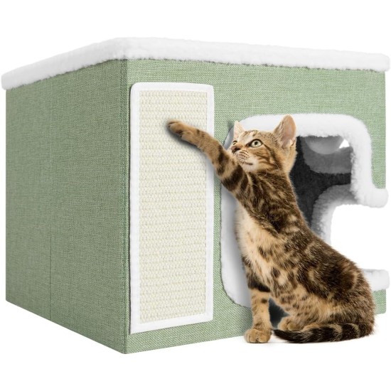 BAKAJI Foldable Cat House with Large Entrance, House for Pets, Cat Scratching Post Made of Warm and Padded Polyester, Non-Slip Base, 42 x 42 x 33 cm (Green) BAKAJI Foldable Cat House with Large Entrance, House for Pets, Cat Scratching Post Made of Warm and Padded Polyester, Non-Slip Base, 42 x 42 x 33 cm (Green)