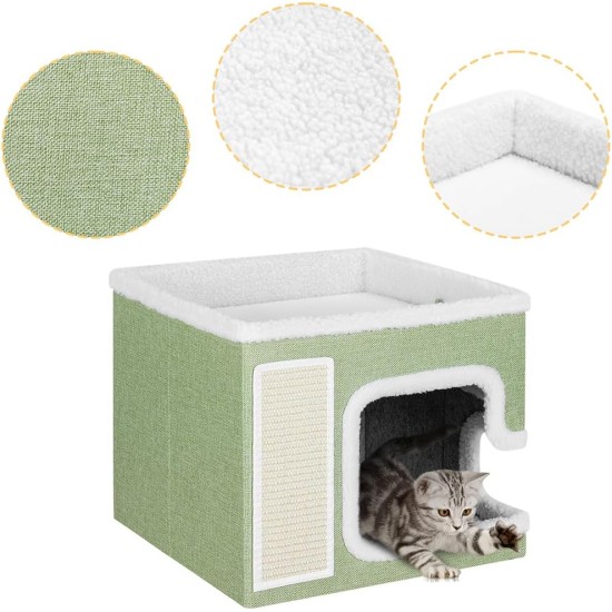 BAKAJI Foldable Cat House with Large Entrance, House for Pets, Cat Scratching Post Made of Warm and Padded Polyester, Non-Slip Base, 42 x 42 x 33 cm (Green) BAKAJI Foldable Cat House with Large Entrance, House for Pets, Cat Scratching Post Made of Warm and Padded Polyester, Non-Slip Base, 42 x 42 x 33 cm (Green)