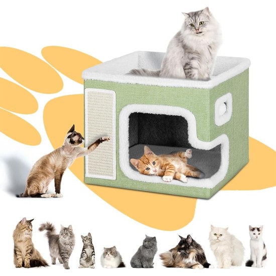 BAKAJI Foldable Cat House with Large Entrance, House for Pets, Cat Scratching Post Made of Warm and Padded Polyester, Non-Slip Base, 42 x 42 x 33 cm (Green) BAKAJI Foldable Cat House with Large Entrance, House for Pets, Cat Scratching Post Made of Warm and Padded Polyester, Non-Slip Base, 42 x 42 x 33 cm (Green)