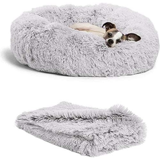 Bed for Cats, Dog Cushion, Fluffy Cat Bed Set with Blanket, Round Cat Bed, Plush Dog Bed, 2 Pieces, Soft Warm Pet Bed + Pet Blanket for Cats and Small Dogs, Light Grey, 50 cm Bed for Cats, Dog Cushion, Fluffy Cat Bed Set with Blanket, Round Cat Bed, Plush Dog Bed, 2 Pieces, Soft Warm Pet Bed + Pet Blanket for Cats and Small Dogs, Light Grey, 50 cm