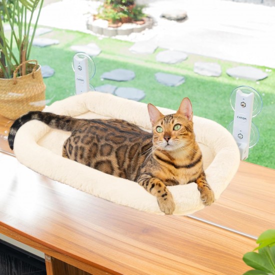 CATISM Foldable Cat Hammock with Cushion up to 20 kg, 52 x 30 cm Window Seats for Cats, Washable Double-Sided Fabric Cushion, Cat Window Lounger, Window Sill Cat Lounger, Beige CATISM Foldable Cat Hammock with Cushion up to 20 kg, 52 x 30 cm Window Seats for Cats, Washable Double-Sided Fabric Cushion, Cat Window Lounger, Window Sill Cat Lounger, Beige