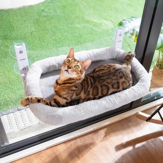 CATISM Foldable Cat Hammock with Cushion up to 20 kg, 52 x 30 cm Window Seats for Cats, Washable Double-Sided Fabric Cushion, Cat Window Lounger, Window Sill Cat Lounger, Beige CATISM Foldable Cat Hammock with Cushion up to 20 kg, 52 x 30 cm Window Seats for Cats, Washable Double-Sided Fabric Cushion, Cat Window Lounger, Window Sill Cat Lounger, Beige
