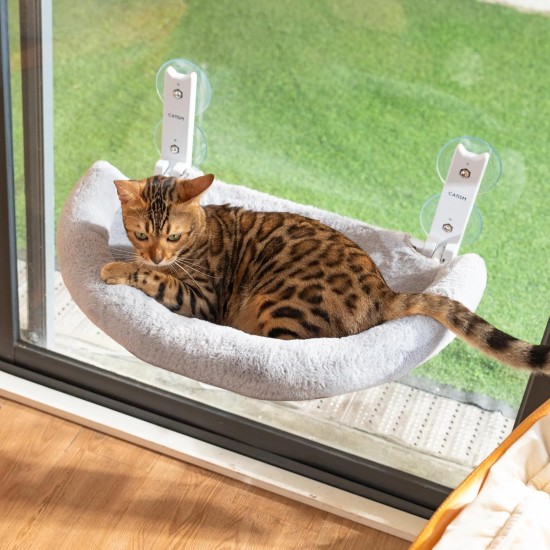 CATISM Foldable Cat Hammock with Cushion up to 20 kg, 52 x 30 cm Window Seats for Cats, Washable Double-Sided Fabric Cushion, Cat Window Lounger, Window Sill Cat Lounger, Beige CATISM Foldable Cat Hammock with Cushion up to 20 kg, 52 x 30 cm Window Seats for Cats, Washable Double-Sided Fabric Cushion, Cat Window Lounger, Window Sill Cat Lounger, Beige
