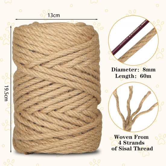 CIOXSOIO Sisal Rope for Scratching Post, 8 mm x 60 m, Natural Sisal Cord for DIY Cats, Scratching Rope, Decoration Household, Garden, Crafts CIOXSOIO Sisal Rope for Scratching Post, 8 mm x 60 m, Natural Sisal Cord for DIY Cats, Scratching Rope, Decoration Household, Garden, Crafts