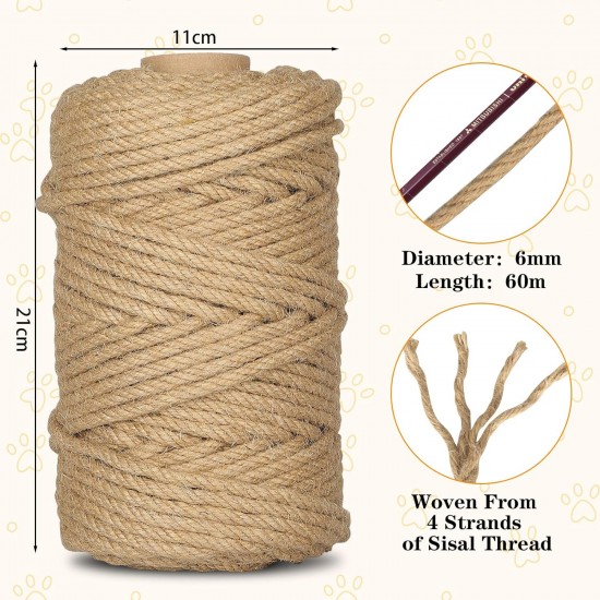 CIOXSOIO Sisal Rope for Scratching Post, 8 mm x 60 m, Natural Sisal Cord for DIY Cats, Scratching Rope, Decoration Household, Garden, Crafts CIOXSOIO Sisal Rope for Scratching Post, 8 mm x 60 m, Natural Sisal Cord for DIY Cats, Scratching Rope, Decoration Household, Garden, Crafts