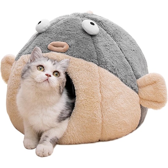 Cat Beds for Indoor Cats - Cat Bed Cave with Removable Washable Cushion, Soft Plush Cotton, No Deformation, Pet Bed, Puffer Fish Cat House Design, Grey, Multiple Sizes (L) Cat Beds for Indoor Cats - Cat Bed Cave with Removable Washable Cushion, Soft Plush Cotton, No Deformation, Pet Bed, Puffer Fish Cat House Design, Grey, Multiple Sizes (L)
