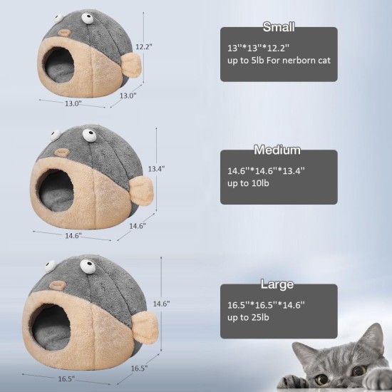 Cat Beds for Indoor Cats - Cat Bed Cave with Removable Washable Cushion, Soft Plush Cotton, No Deformation, Pet Bed, Puffer Fish Cat House Design, Grey, Multiple Sizes (L) Cat Beds for Indoor Cats - Cat Bed Cave with Removable Washable Cushion, Soft Plush Cotton, No Deformation, Pet Bed, Puffer Fish Cat House Design, Grey, Multiple Sizes (L)