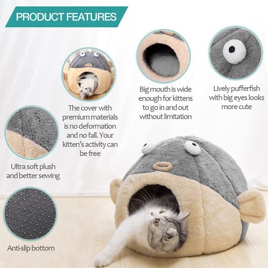 Cat Beds for Indoor Cats - Cat Bed Cave with Removable Washable Cushion, Soft Plush Cotton, No Deformation, Pet Bed, Puffer Fish Cat House Design, Grey, Multiple Sizes (L) Cat Beds for Indoor Cats - Cat Bed Cave with Removable Washable Cushion, Soft Plush Cotton, No Deformation, Pet Bed, Puffer Fish Cat House Design, Grey, Multiple Sizes (L)