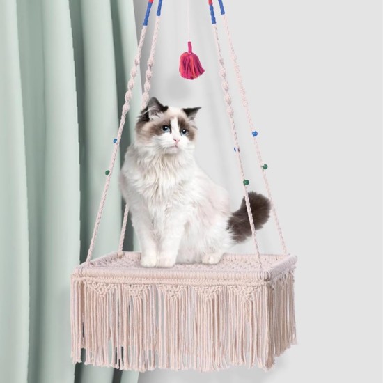 Cat Swing - Boho Macrame Cat Bed/Cat Hammock Made of Macrame, Cat Swing, Hanging Cat House, Cat Toy, Cotton Rope with Tassel, Tapestry, Hanging Mat with Hanging Hook Kit Cat Swing - Boho Macrame Cat Bed/Cat Hammock Made of Macrame, Cat Swing, Hanging Cat House, Cat Toy, Cotton Rope with Tassel, Tapestry, Hanging Mat with Hanging Hook Kit