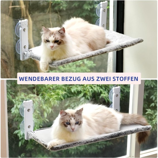 Cat Window Lounger, with 4 Strong Suction Cups, Foldable Cat Bed for Indoor Use, Solid Metal Frame and Soft, Reversible Cover Made of Two Fabrics, Holds up to 18 kg, Medium (Grey, L) Cat Window Lounger, with 4 Strong Suction Cups, Foldable Cat Bed for Indoor Use, Solid Metal Frame and Soft, Reversible Cover Made of Two Fabrics, Holds up to 18 kg, Medium (Grey, L)