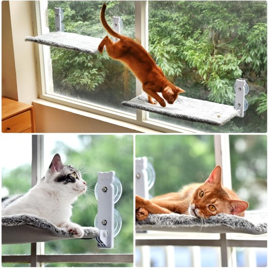 Cat Window Lounger, with 4 Strong Suction Cups, Foldable Cat Bed for Indoor Use, Solid Metal Frame and Soft, Reversible Cover Made of Two Fabrics, Holds up to 18 kg, Medium (Grey, L) Cat Window Lounger, with 4 Strong Suction Cups, Foldable Cat Bed for Indoor Use, Solid Metal Frame and Soft, Reversible Cover Made of Two Fabrics, Holds up to 18 kg, Medium (Grey, L)