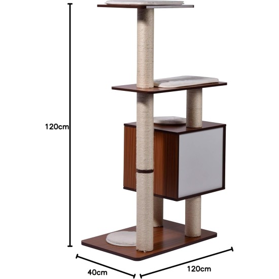 Designer cat furniture with cave and play ball, scratching post and bed Designer cat furniture with cave and play ball, scratching post and bed