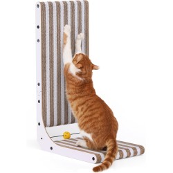 FUKUMARU Cat Scratching Board, 68 cm High L-shaped Scratching Board with Stripe Pattern, Durable Cat Scratching Board with Ball Toy, Scratching Furniture Made of High-Quality Cardboard for Wall and FUKUMARU Cat Scratching Board, 68 cm High L-shaped Scratching Board with Stripe Pattern, Durable Cat Scratching Board with Ball Toy, Scratching Furniture Made of High-Quality Cardboard for Wall and