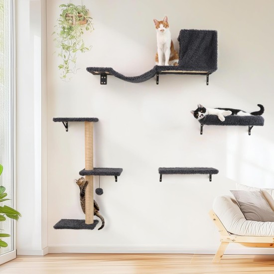 FUKUMARU Climbing Wall Cats, Cat Wall Elements, Climbing Wall Set, 10 Pieces, with Hanging Bridge with Non-Slip, Sturdy Scratching Posts with Jute, Rest and Hammock, up to 18 kg, Grey FUKUMARU Climbing Wall Cats, Cat Wall Elements, Climbing Wall Set, 10 Pieces, with Hanging Bridge with Non-Slip, Sturdy Scratching Posts with Jute, Rest and Hammock, up to 18 kg, Grey
