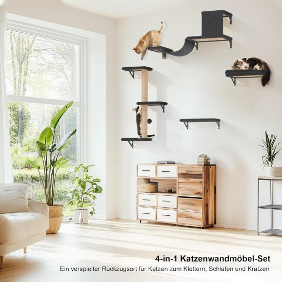 FUKUMARU Climbing Wall Cats, Cat Wall Elements, Climbing Wall Set, 10 Pieces, with Hanging Bridge with Non-Slip, Sturdy Scratching Posts with Jute, Rest and Hammock, up to 18 kg, Grey FUKUMARU Climbing Wall Cats, Cat Wall Elements, Climbing Wall Set, 10 Pieces, with Hanging Bridge with Non-Slip, Sturdy Scratching Posts with Jute, Rest and Hammock, up to 18 kg, Grey