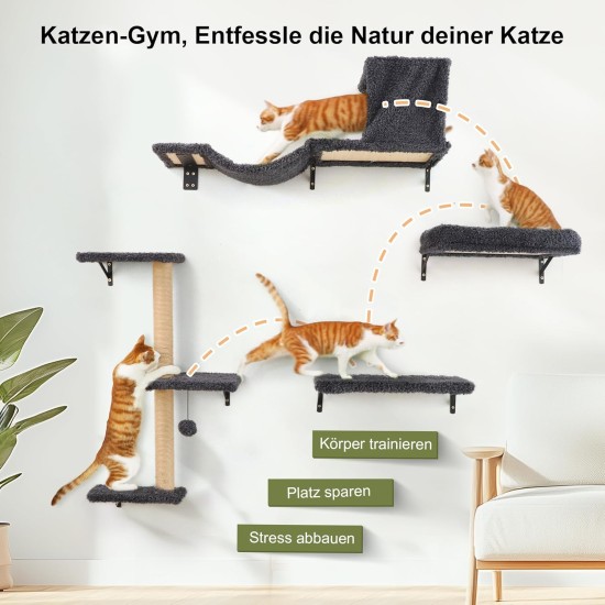 FUKUMARU Climbing Wall Cats, Cat Wall Elements, Climbing Wall Set, 10 Pieces, with Hanging Bridge with Non-Slip, Sturdy Scratching Posts with Jute, Rest and Hammock, up to 18 kg, Grey FUKUMARU Climbing Wall Cats, Cat Wall Elements, Climbing Wall Set, 10 Pieces, with Hanging Bridge with Non-Slip, Sturdy Scratching Posts with Jute, Rest and Hammock, up to 18 kg, Grey