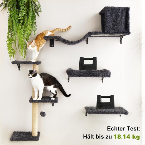 FUKUMARU Climbing Wall Cats, Cat Wall Elements, Climbing Wall Set, 10 Pieces, with Hanging Bridge with Non-Slip, Sturdy Scratching Posts with Jute, Rest and Hammock, up to 18 kg, Grey FUKUMARU Climbing Wall Cats, Cat Wall Elements, Climbing Wall Set, 10 Pieces, with Hanging Bridge with Non-Slip, Sturdy Scratching Posts with Jute, Rest and Hammock, up to 18 kg, Grey