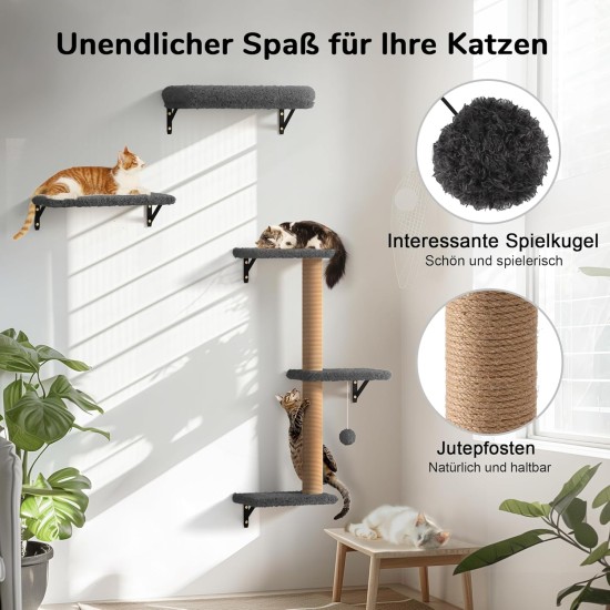 FUKUMARU Climbing Wall Cats, Cat Wall Elements, Climbing Wall Set, 10 Pieces, with Hanging Bridge with Non-Slip, Sturdy Scratching Posts with Jute, Rest and Hammock, up to 18 kg, Grey FUKUMARU Climbing Wall Cats, Cat Wall Elements, Climbing Wall Set, 10 Pieces, with Hanging Bridge with Non-Slip, Sturdy Scratching Posts with Jute, Rest and Hammock, up to 18 kg, Grey