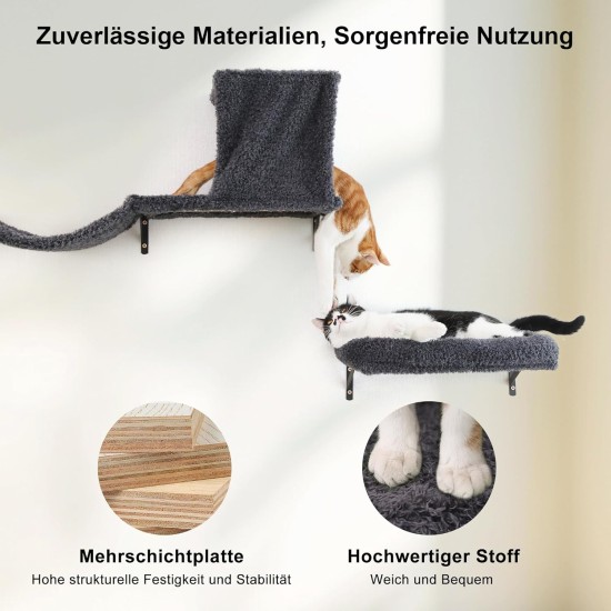 FUKUMARU Climbing Wall Cats, Cat Wall Elements, Climbing Wall Set, 10 Pieces, with Hanging Bridge with Non-Slip, Sturdy Scratching Posts with Jute, Rest and Hammock, up to 18 kg, Grey FUKUMARU Climbing Wall Cats, Cat Wall Elements, Climbing Wall Set, 10 Pieces, with Hanging Bridge with Non-Slip, Sturdy Scratching Posts with Jute, Rest and Hammock, up to 18 kg, Grey