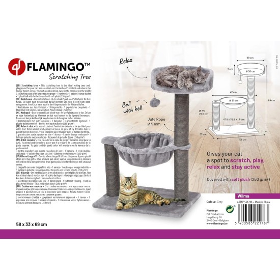 Flamingo Wilma Grey Cat Scratching Post - 58 x 33 x 69 cm - Cat Pole - Hammock and Padded Platform - Toy with Bell for More Fun Flamingo Wilma Grey Cat Scratching Post - 58 x 33 x 69 cm - Cat Pole - Hammock and Padded Platform - Toy with Bell for More Fun